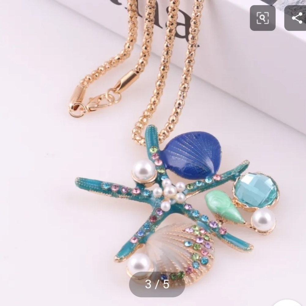 Starfish Pendant Necklace Shells Rhinestones Simulated Pearls - Picture 6 of 8